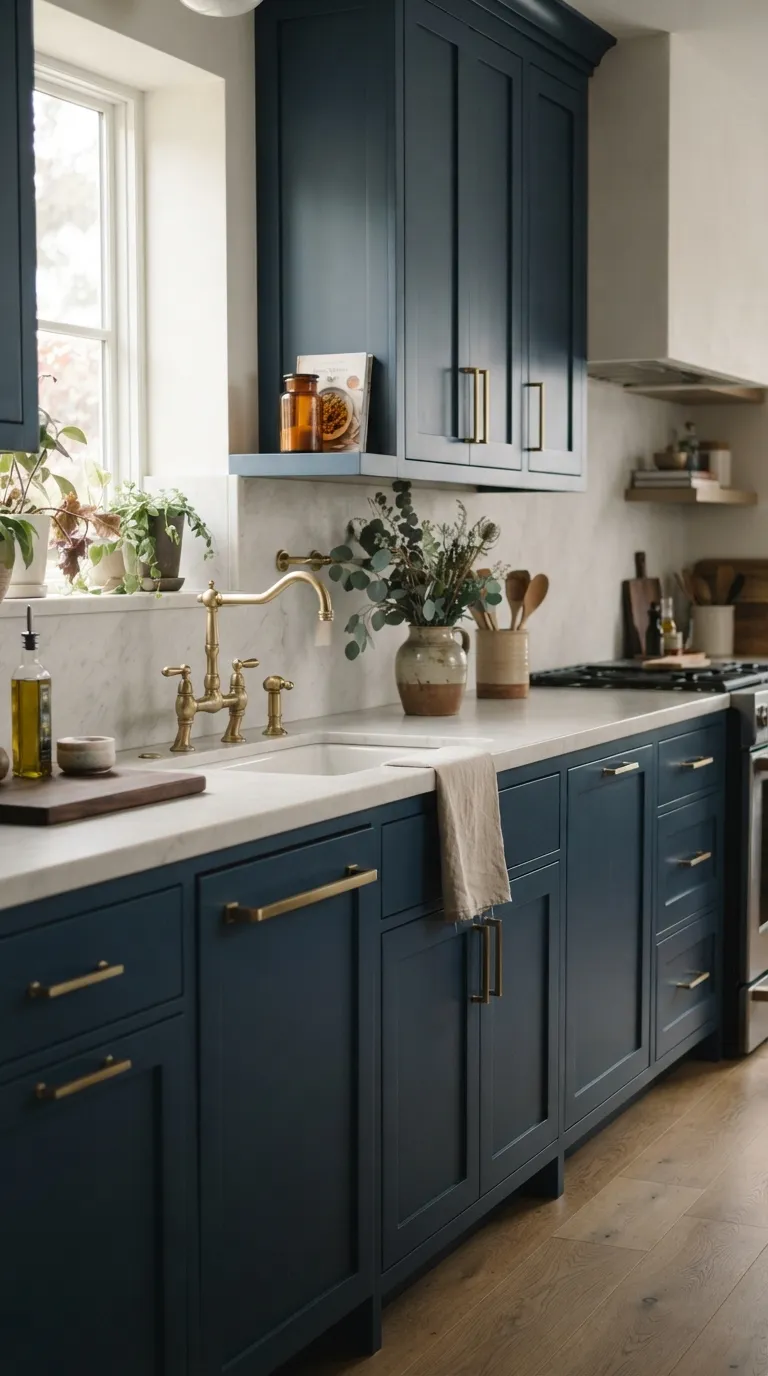 Moody Blue Kitchen Blue Cabinets With Brass