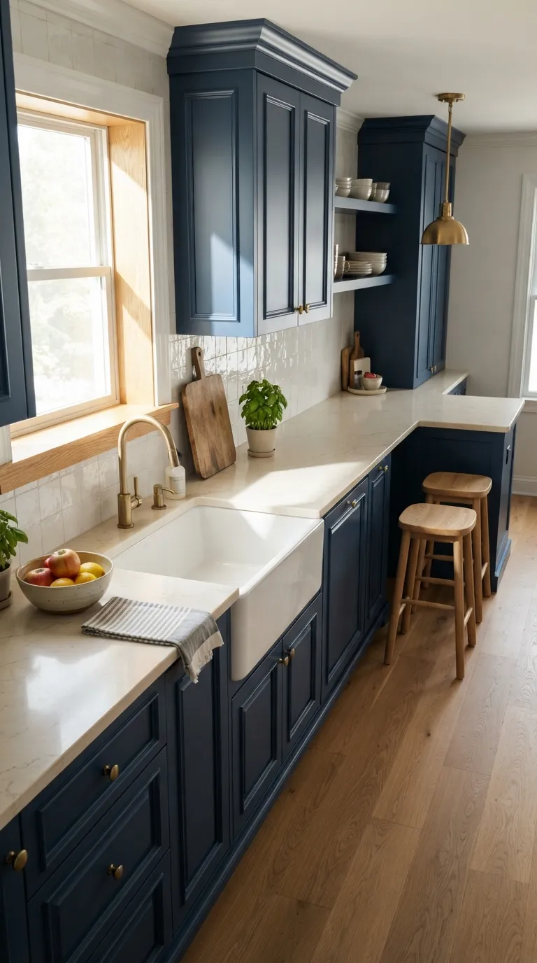 Moody Blue Kitchen Blue Cabinets With Cream Countertops