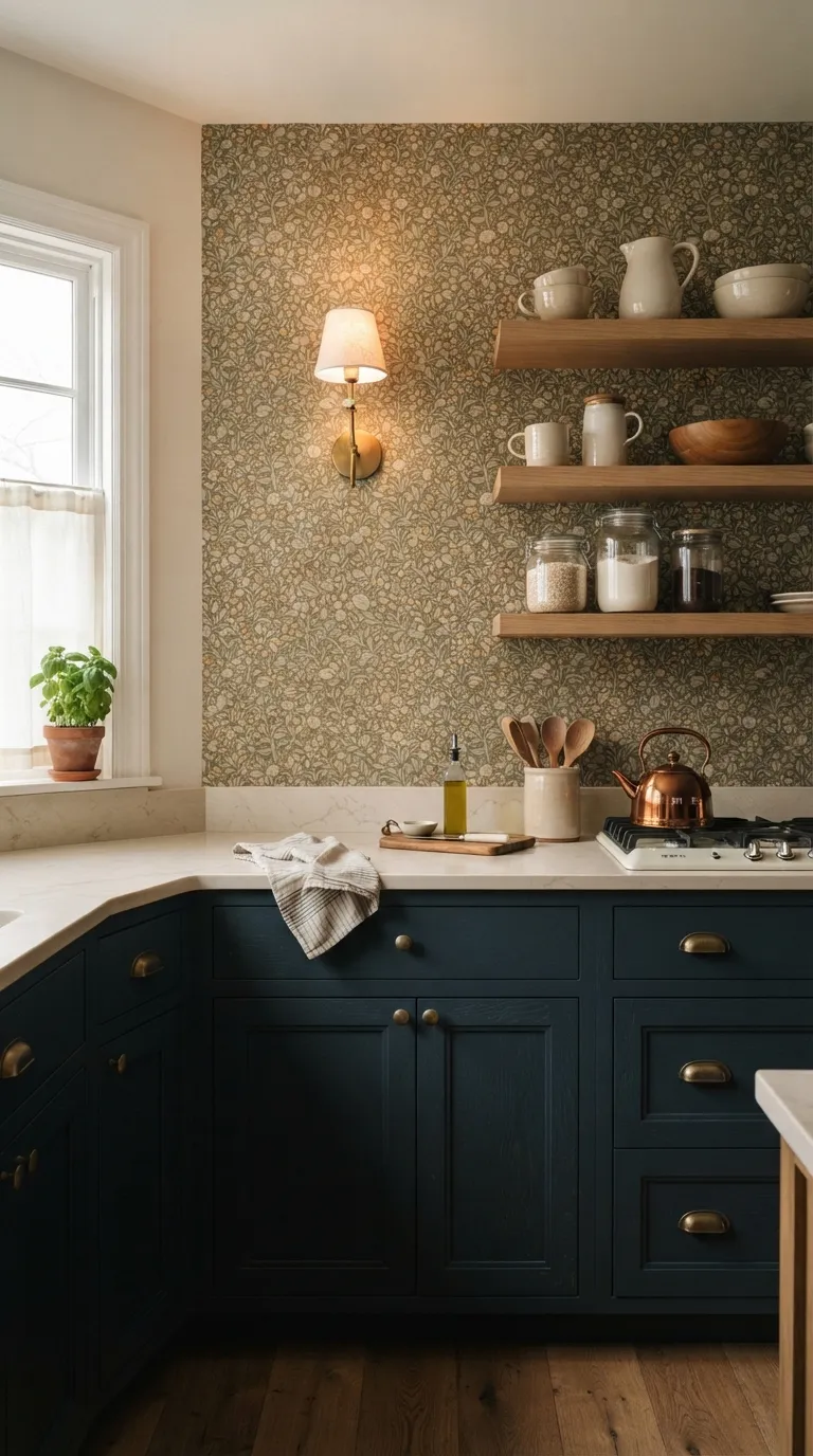 Moody Blue Kitchen Blue Cabinets With Warm Wallpaper