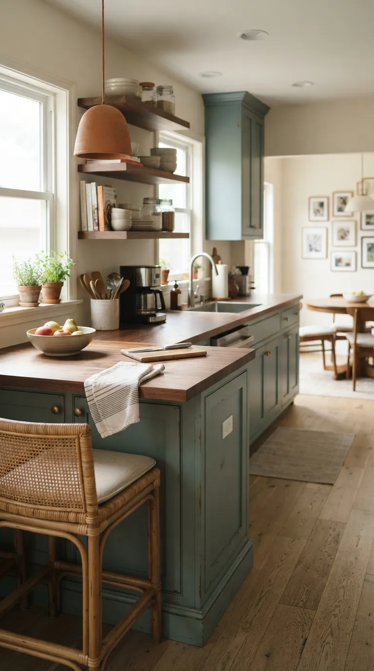 Moody Blue Kitchen Blue-Green Lower Cabinets