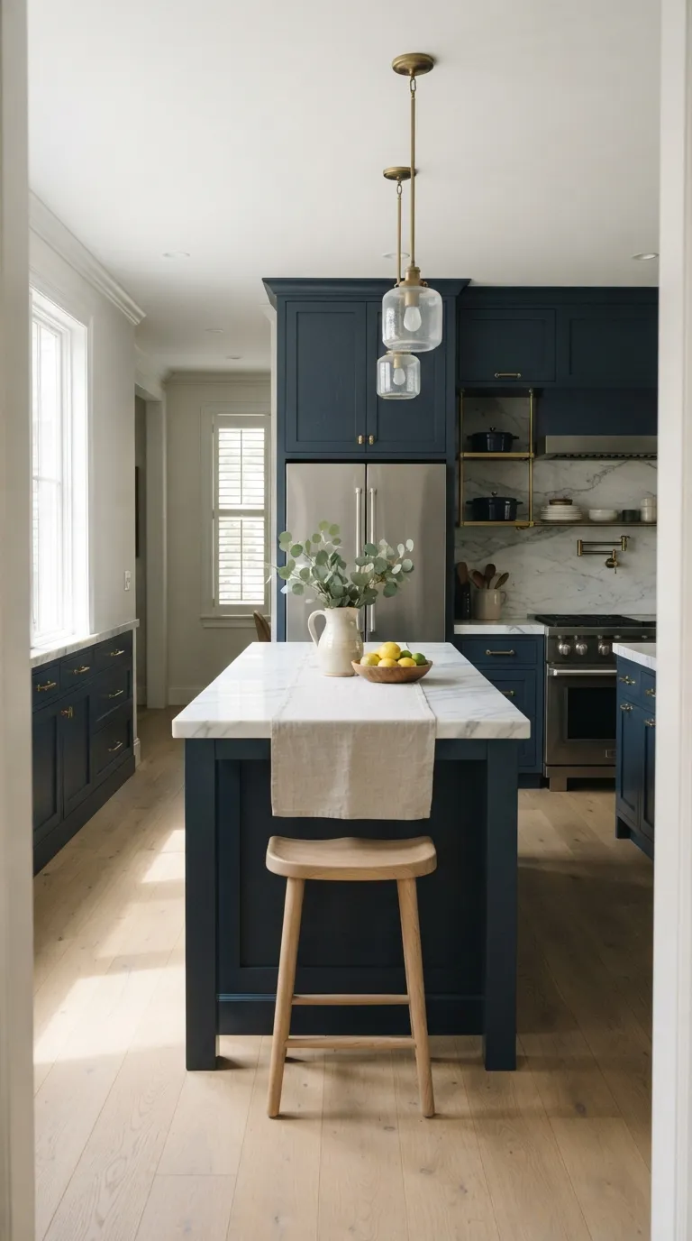 Moody Blue Kitchen Navy Cabinets With Marble