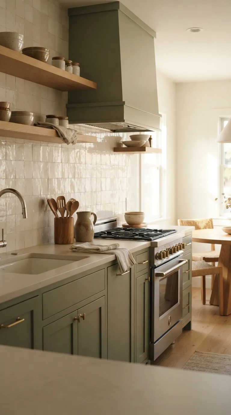 Sage Green and Cream Kitchen Cream Backsplash With Sage Cabinets