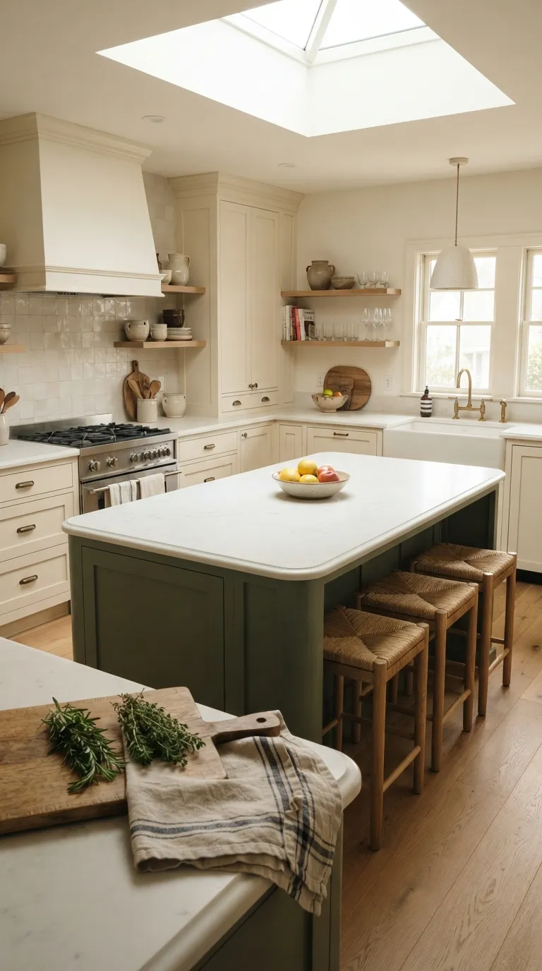 Sage Green and Cream Kitchen Cream Cabinets With a Sage Green Island