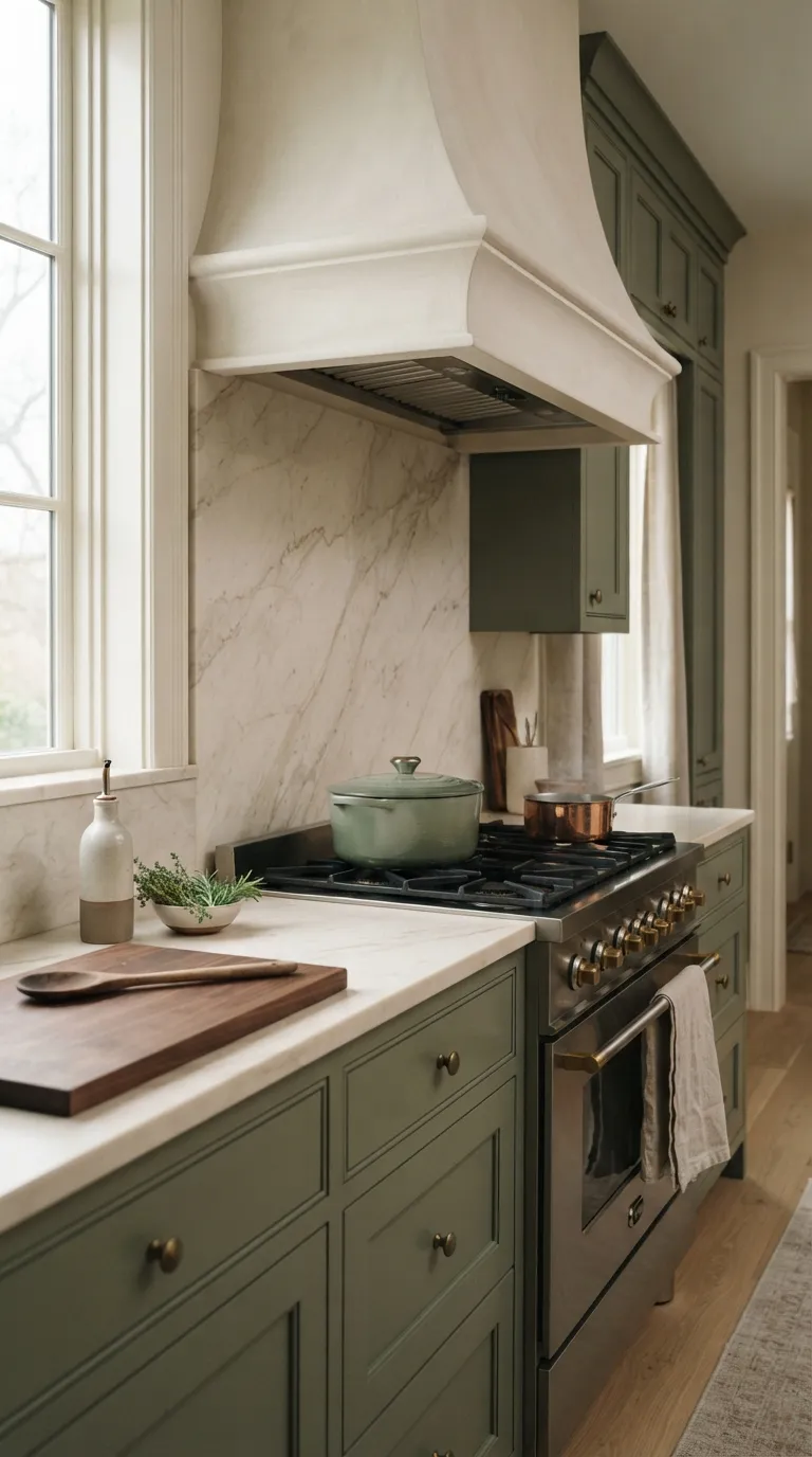 Sage Green and Cream Kitchen Cream Marble Backsplash With Sage Cabinetry