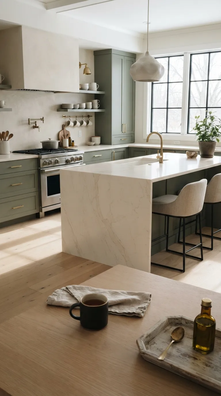 Sage Green and Cream Kitchen Cream Quartz Island With Sage Base Cabinets