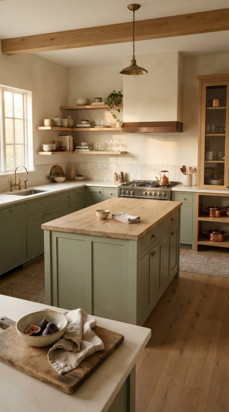 Sage Green and Cream Kitchen Cream Walls With Sage Green Cabinetry and Oak