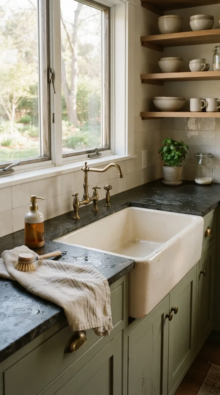 Sage Green and Cream Kitchen Sage Green Cabinets and Cream Farmhouse Sink