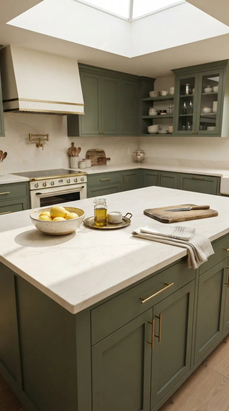 Sage Green and Cream Kitchen Sage Green Cabinets With Cream and Brass Accents