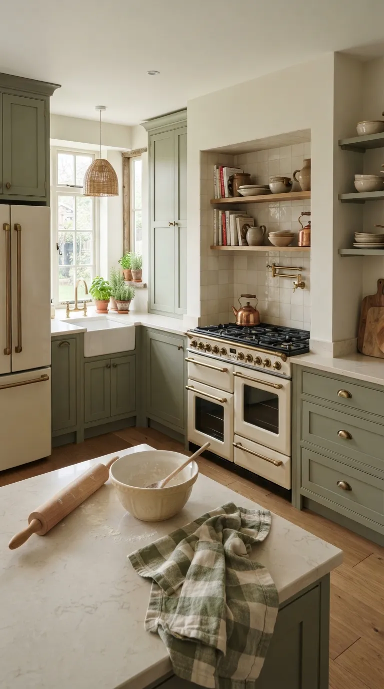 Sage Green and Cream Kitchen Sage Green Cabinets With Cream Appliances