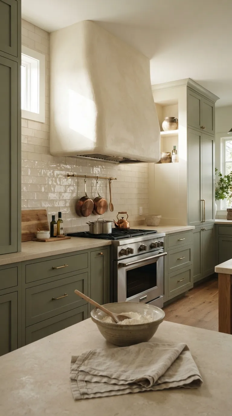 Sage Green and Cream Kitchen Sage Green Cabinets With Cream Range Hood