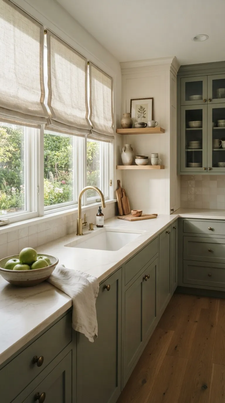 Sage Green and Cream Kitchen Sage Green Cabinets With Cream Roman Shades
