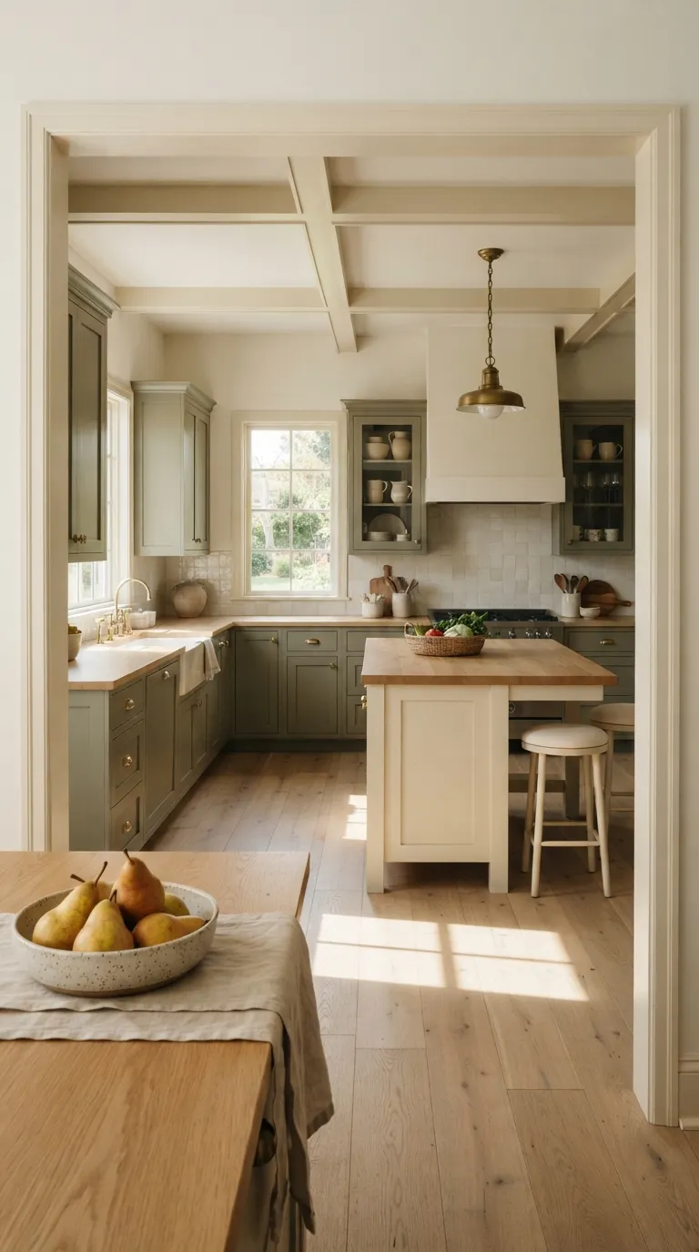 Sage Green and Cream Kitchen Sage Green Cabinets With Cream Wood Accents