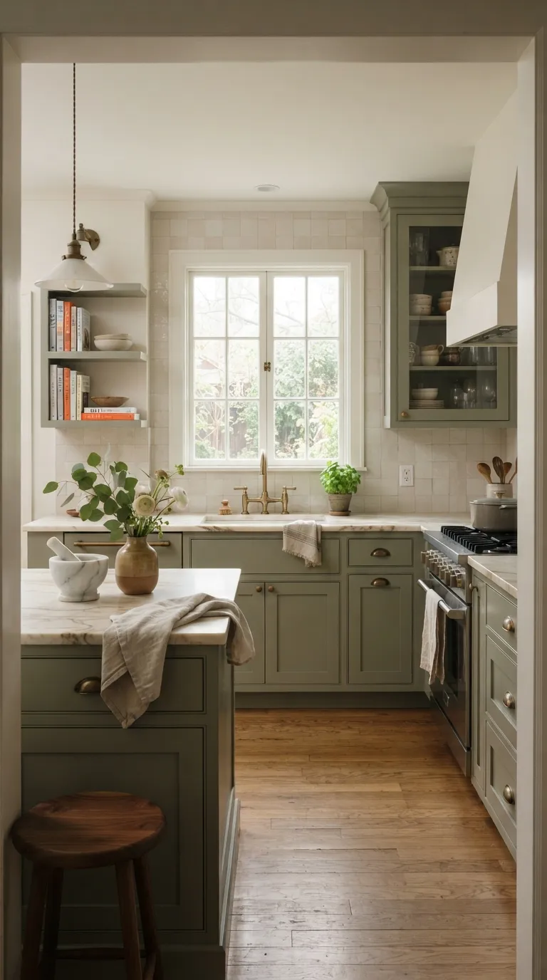 Sage Green and Cream Kitchen Sage Green Cabinets With Marble Countertops