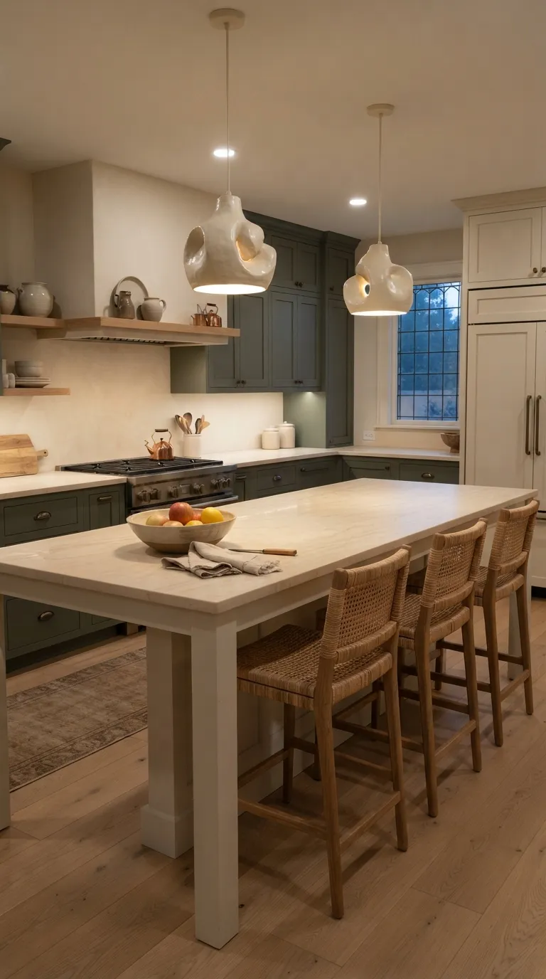 Sage Green and Cream Kitchen Sage Green Kitchen With Cream Pendant Lights