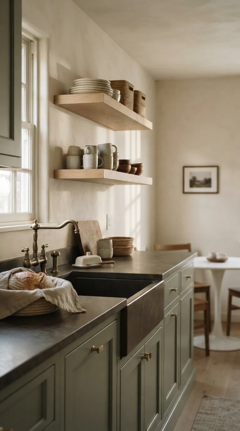 Sage Green and Cream Kitchen Sage Green Lower Cabinets With Open Shelves