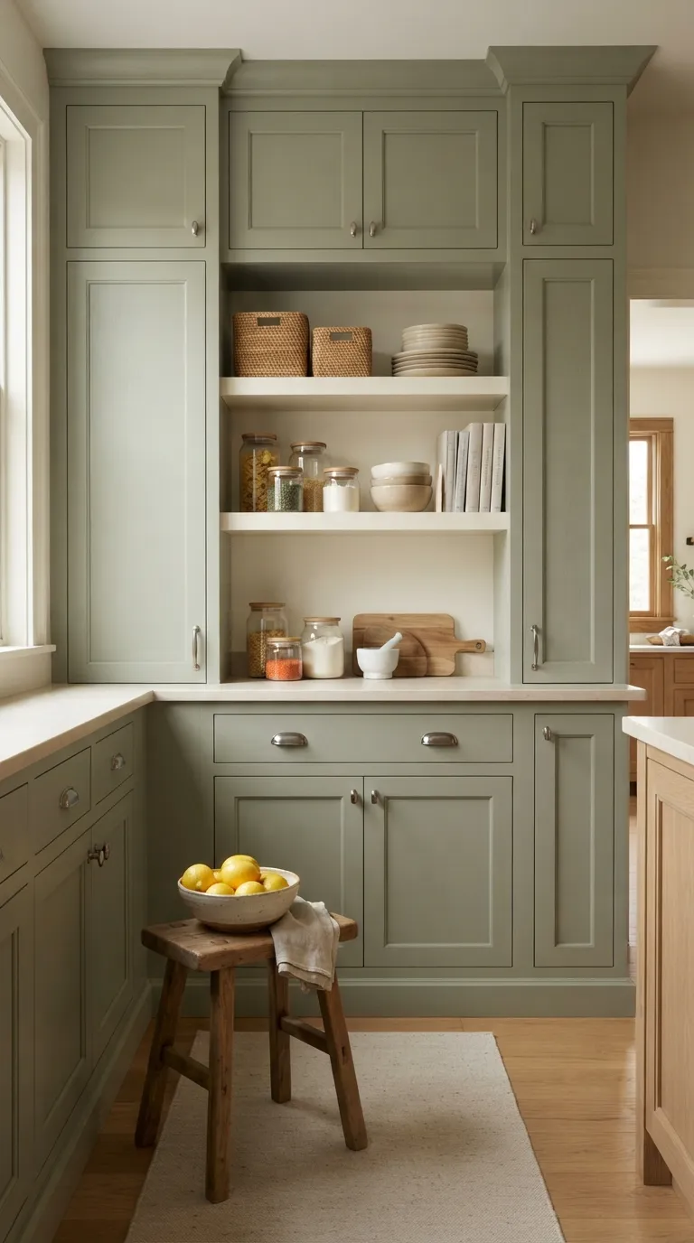 Sage Green and Cream Kitchen Sage Green Pantry Wall With Cream Shelving