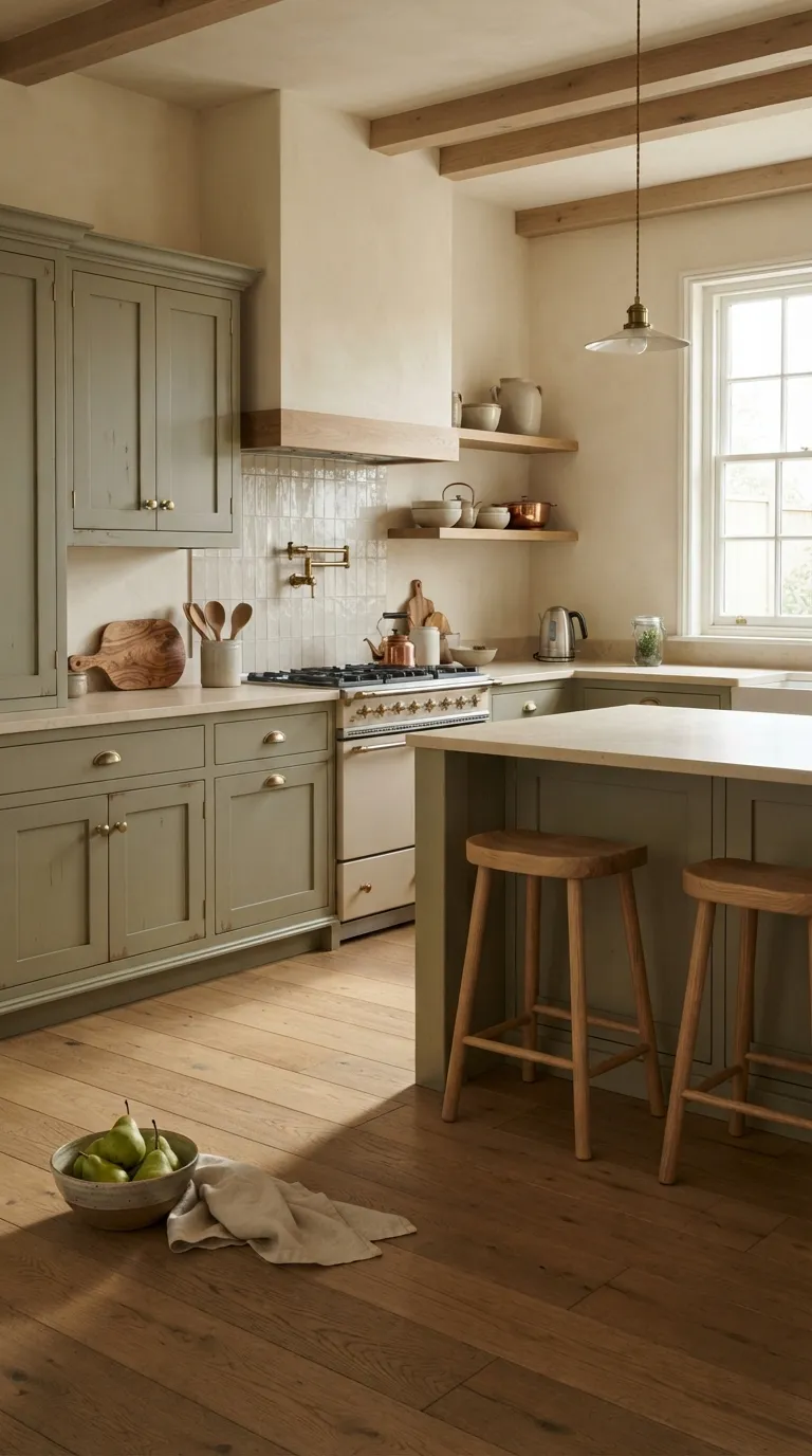 Sage Green and Cream Kitchen Sage Shaker Cabinets With Cream Walls