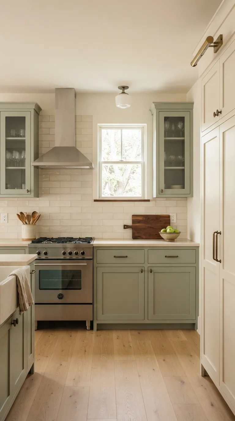 Sage Green and Cream Kitchen Soft Sage Cabinets With Cream Subway Tile