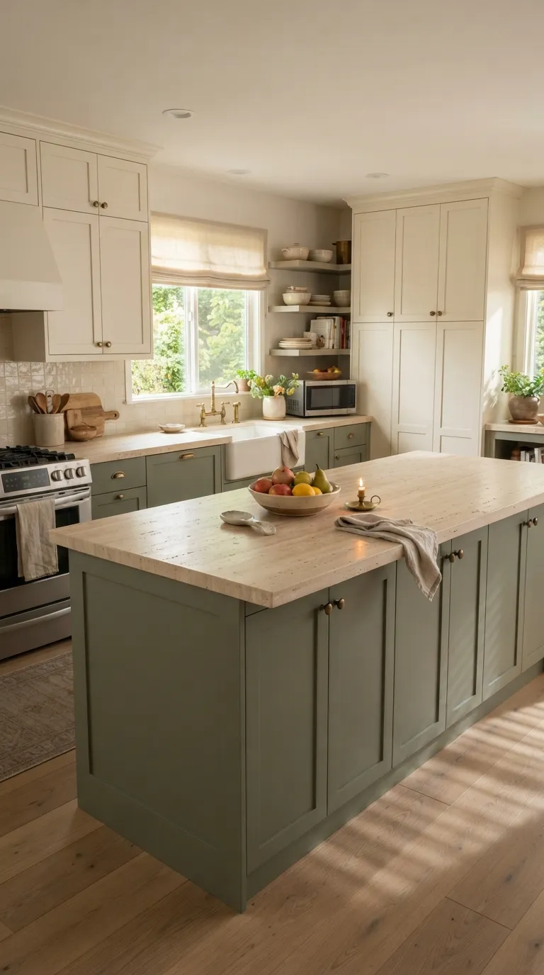 Sage Green and Cream Kitchen Two-Tone Cabinets With Brass Hardware