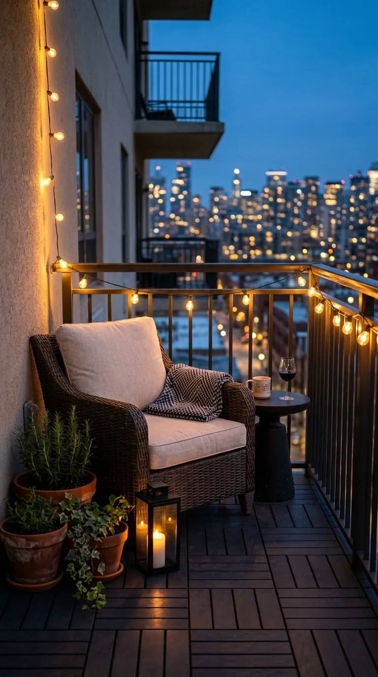 small apartment balcony decorating ideas Warm String Lights
