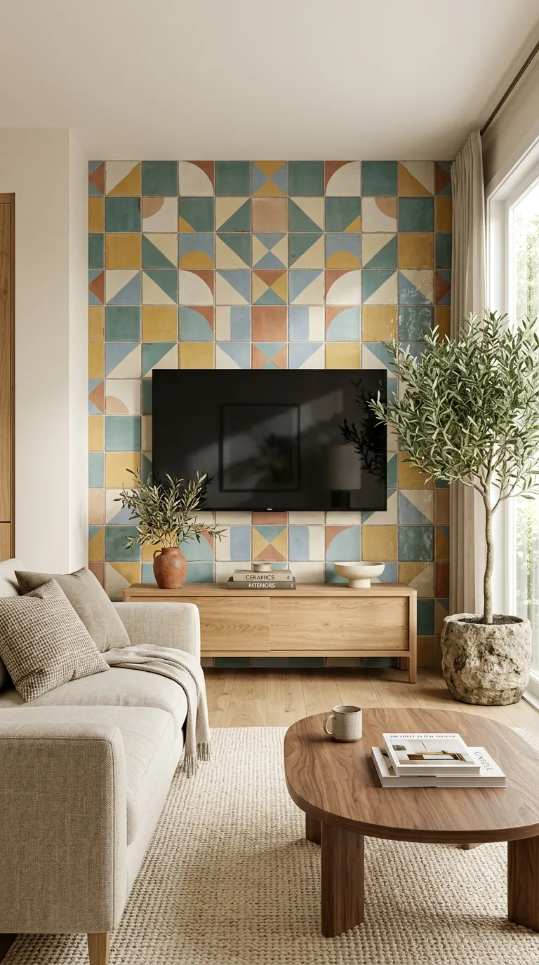 tv stand wall design ideas Patterned Tile Backdrop