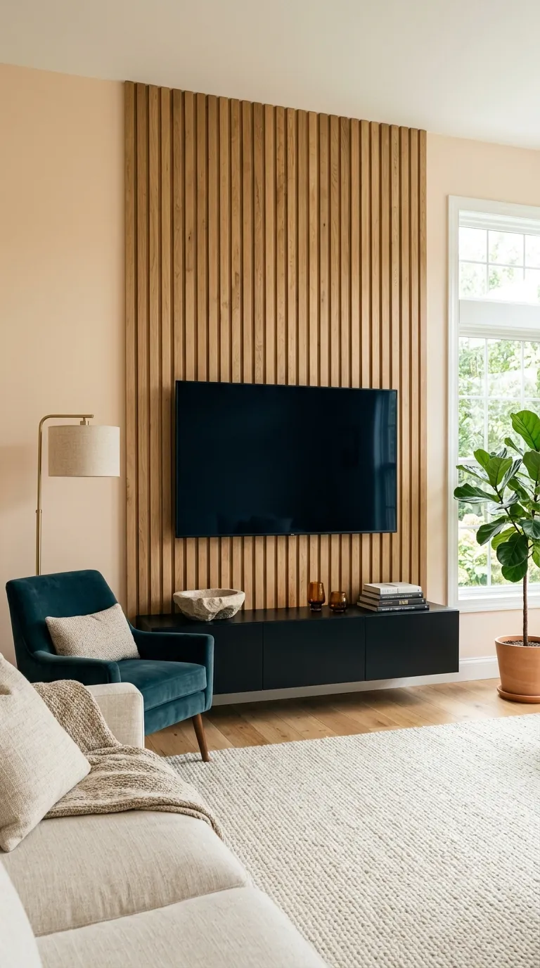 tv stand wall design ideas Warm Wood Slats