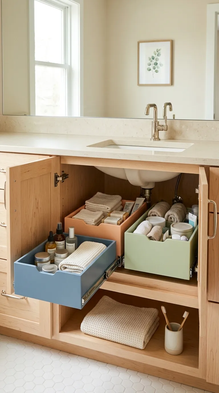 under sink bathroom storage ideas Colorful Pullout Bins