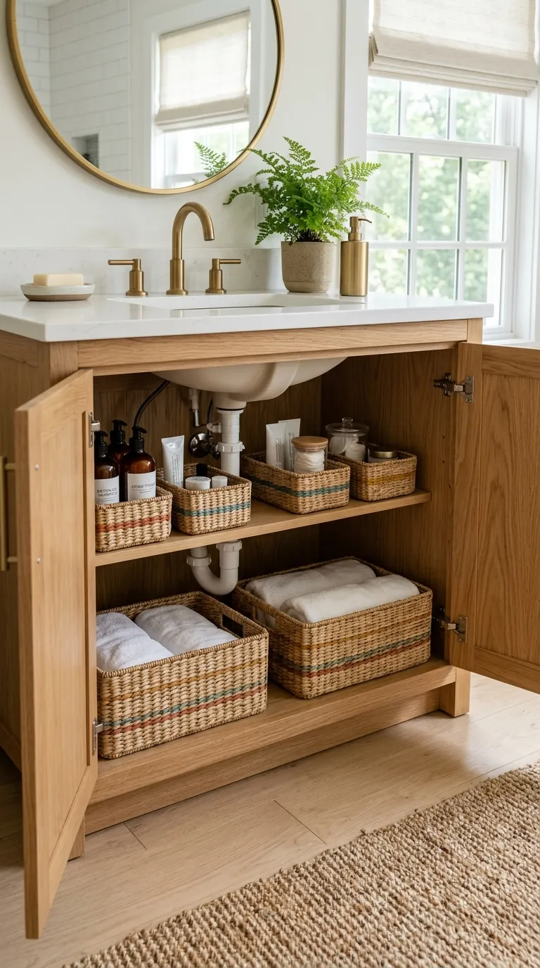 under sink bathroom storage ideas Woven Basket Layers