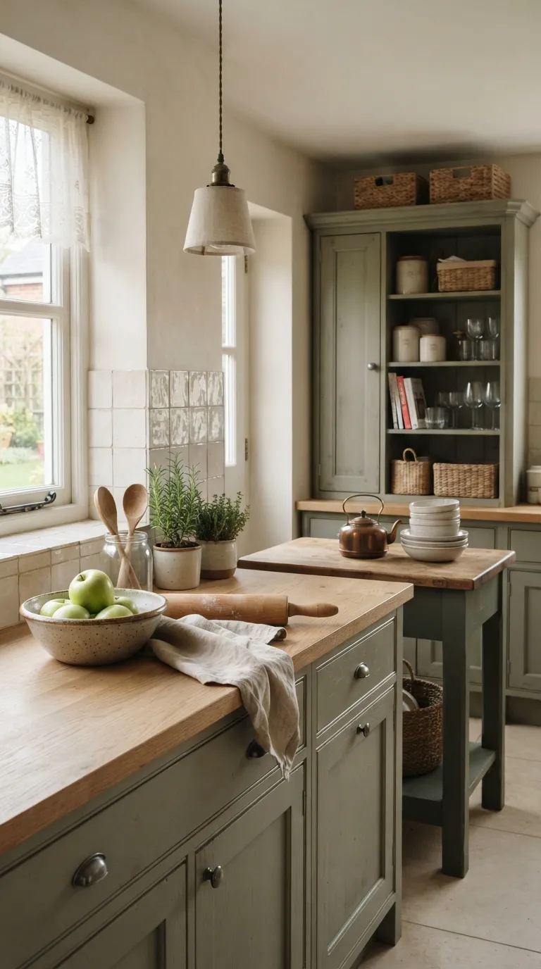 Village Kitchen Ideas Muted Green Painted Cabinets