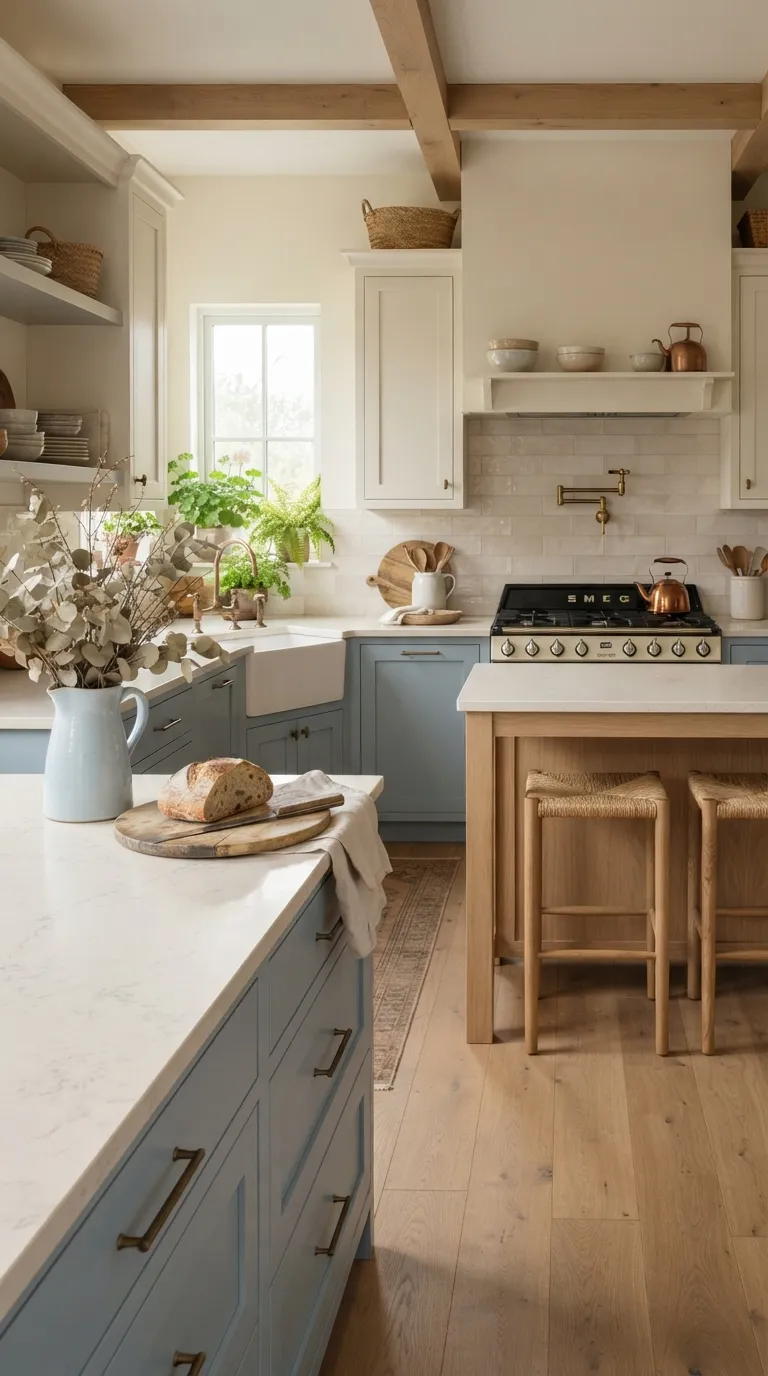 Village Kitchen Ideas Soft Blue and Cream Color Pairing