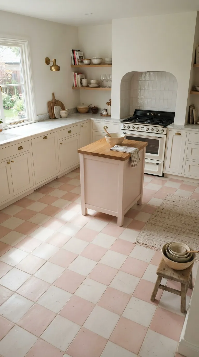 Vintage Pink Kitchen Pink-and-White Checkerboard Floor