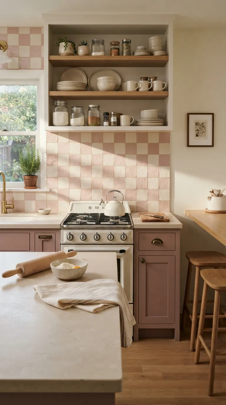 Vintage Pink Kitchen Pink Checkerboard Backsplash
