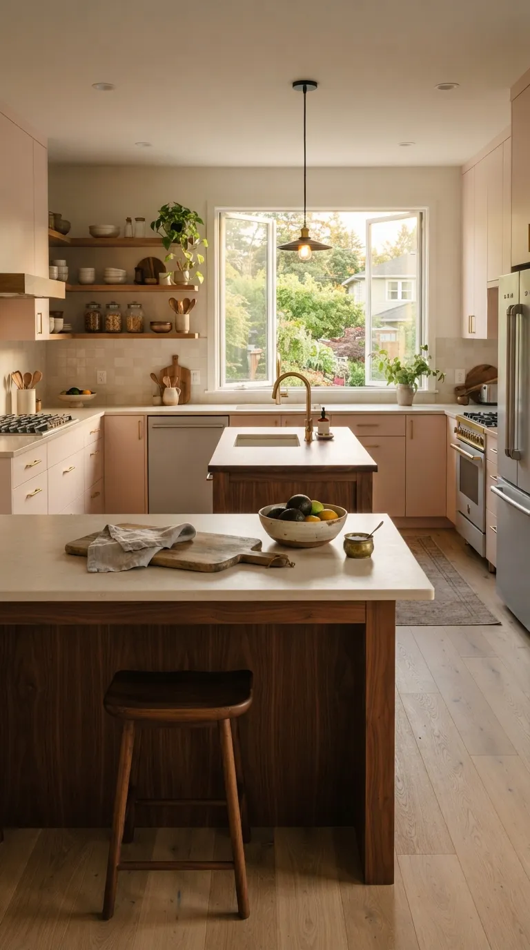 Vintage Pink Kitchen Warm Wood Accents