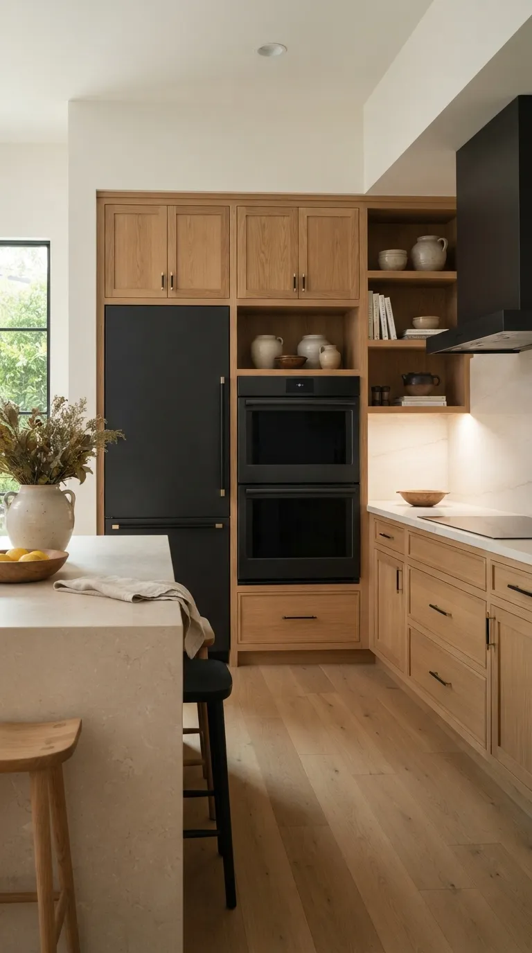 White Oak and Black Kitchen Black Appliances Against Warm Oak