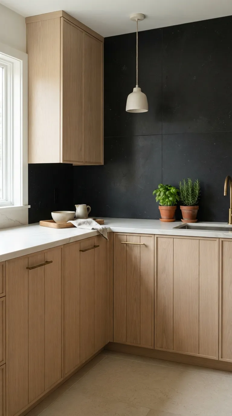 White Oak and Black Kitchen Black Backsplash With White Oak Cabinets