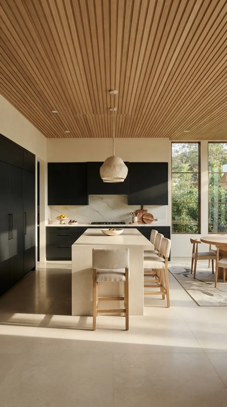 White Oak and Black Kitchen Black Cabinetry With a White Oak Ceiling