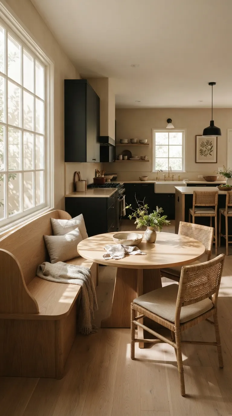 White Oak and Black Kitchen Black Cabinets With Warm Oak Breakfast Nook