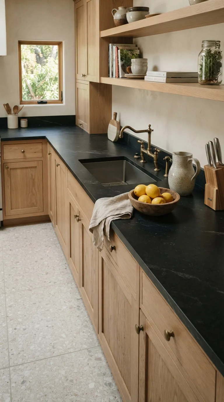White Oak and Black Kitchen Black Countertops Against Natural Oak