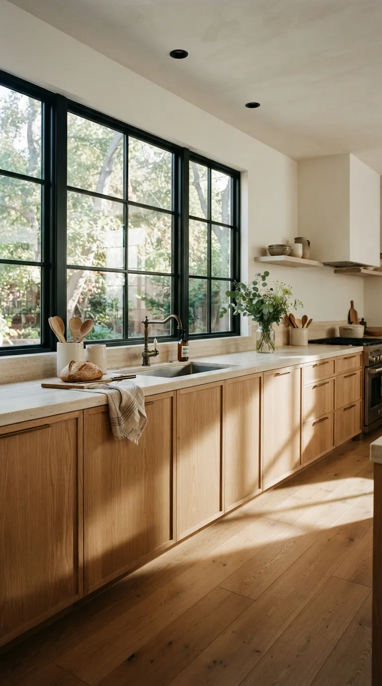White Oak and Black Kitchen Black-Framed Windows Over Oak Cabinets