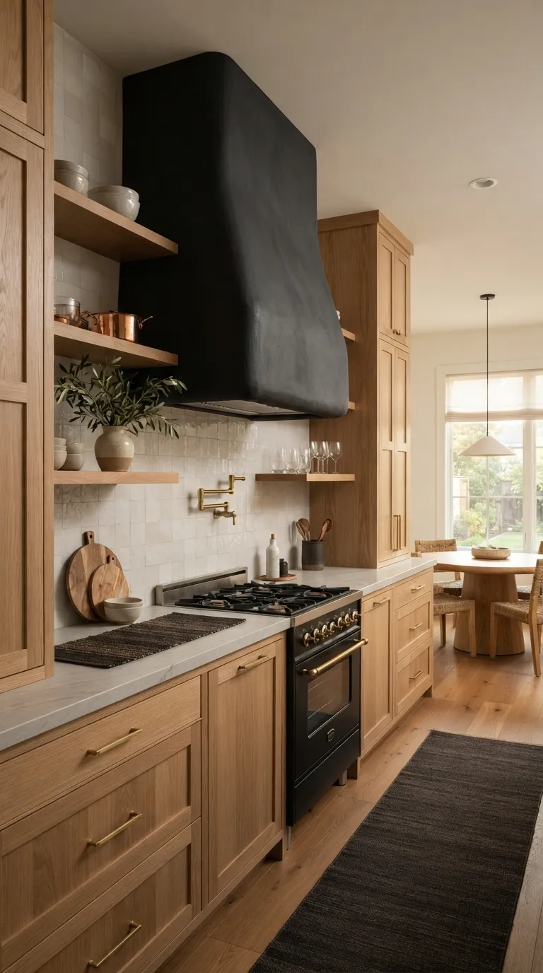 White Oak and Black Kitchen Black Range Hood With White Oak Cabinetry