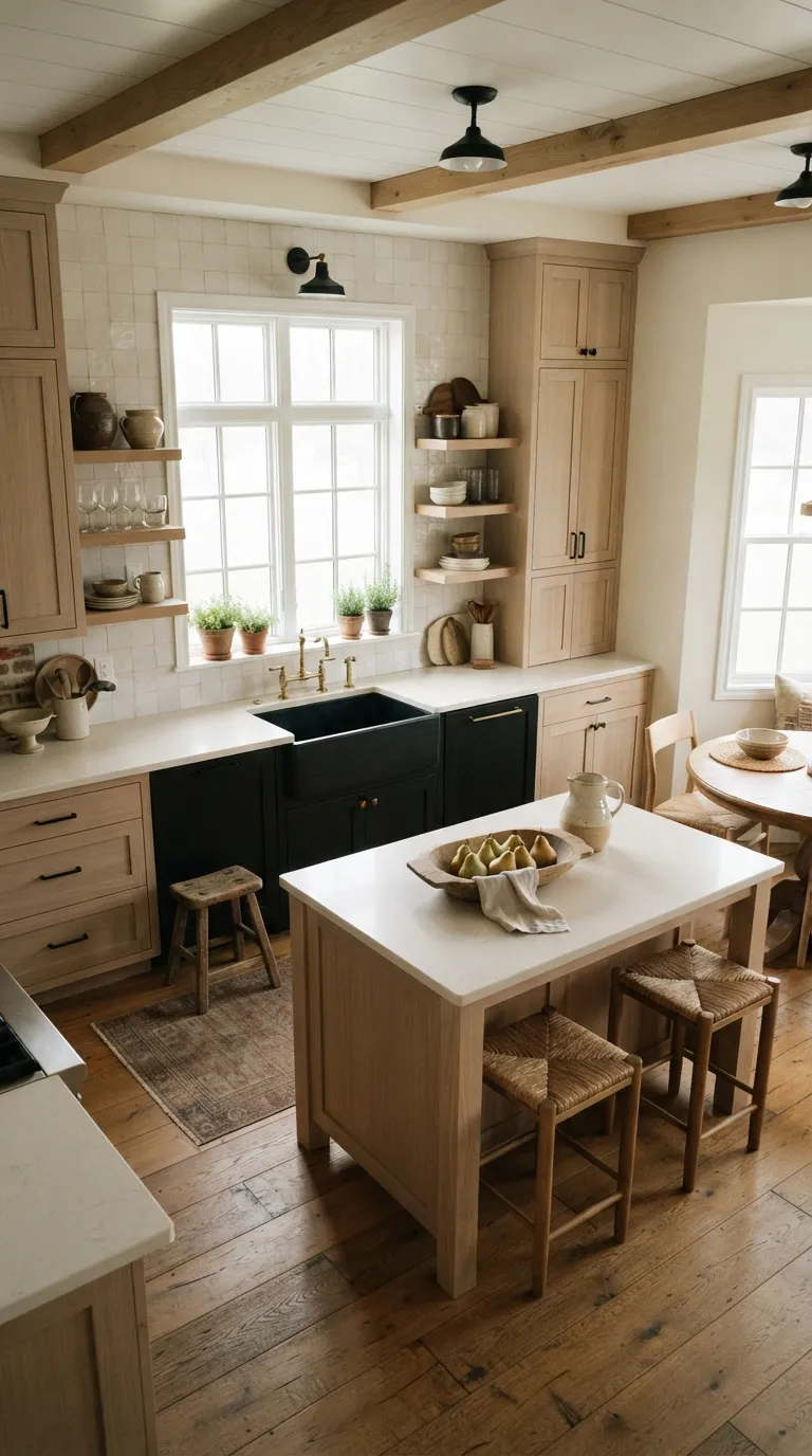 White Oak and Black Kitchen Light Oak and Black Farmhouse Kitchen