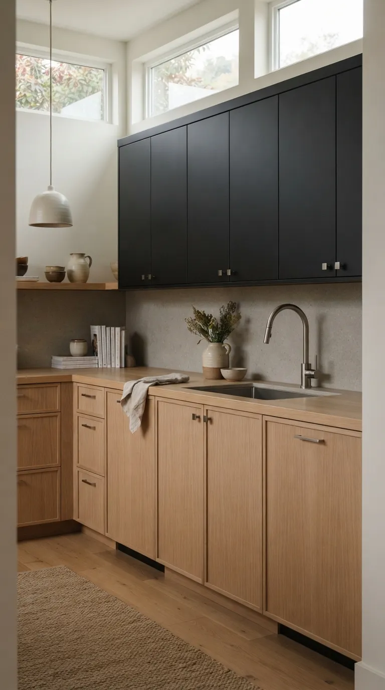White Oak and Black Kitchen Two-Tone Cabinets With Black Upper Storage
