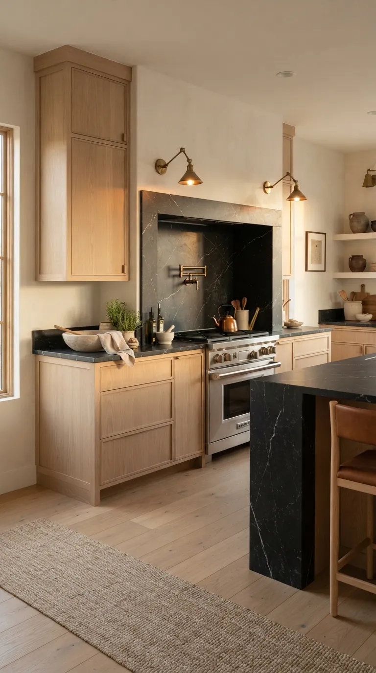 White Oak and Black Kitchen White Oak Cabinets With Black Marble Accents