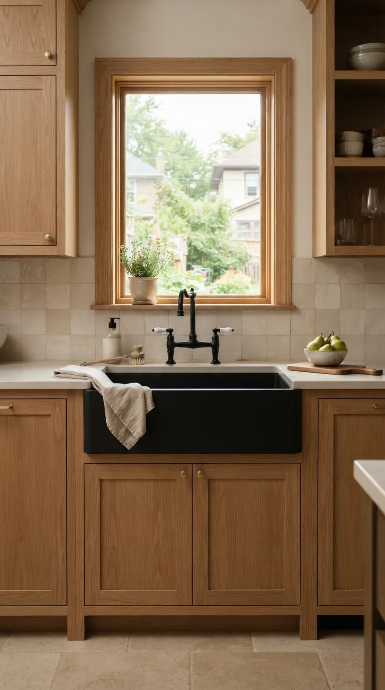 White Oak and Black Kitchen White Oak Cabinets With Black Sink and Faucet