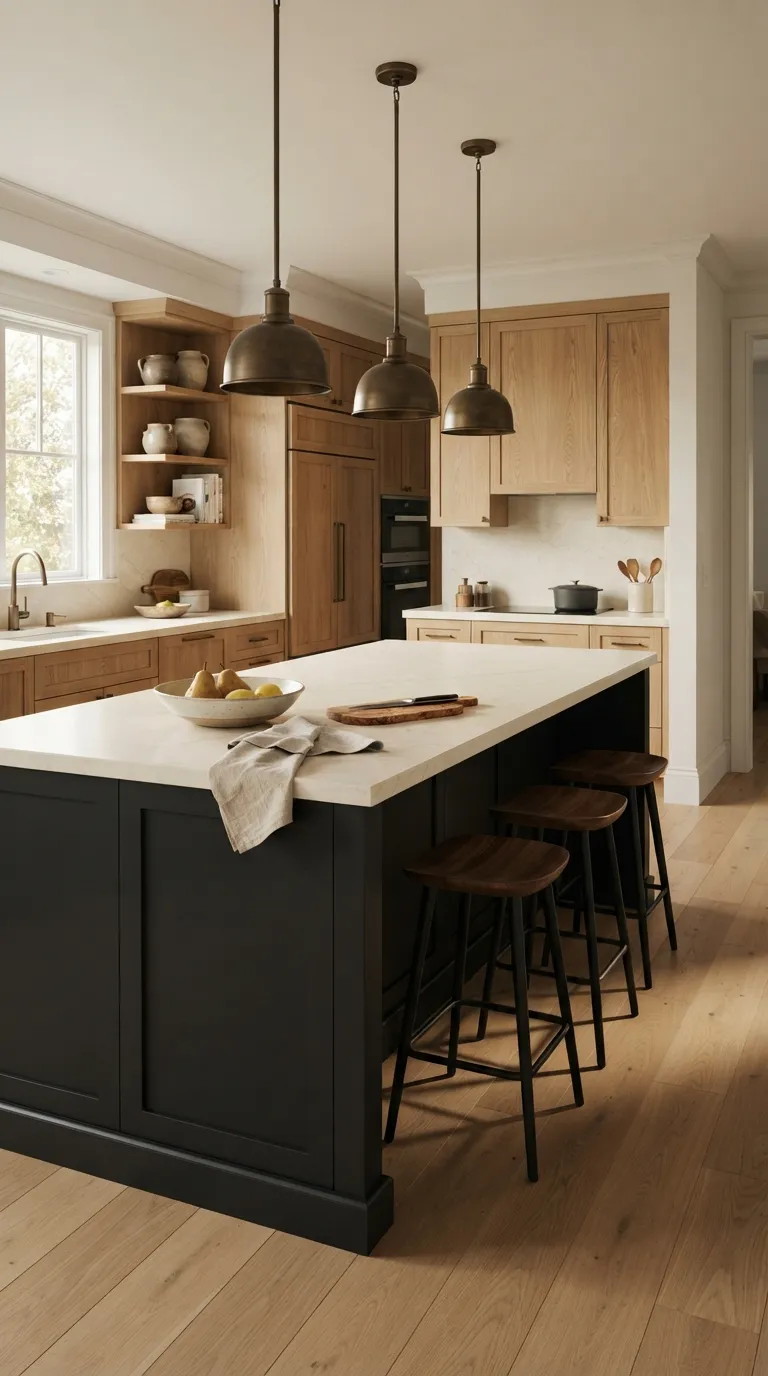 White Oak and Black Kitchen White Oak Cabinets With Matte Black Islands