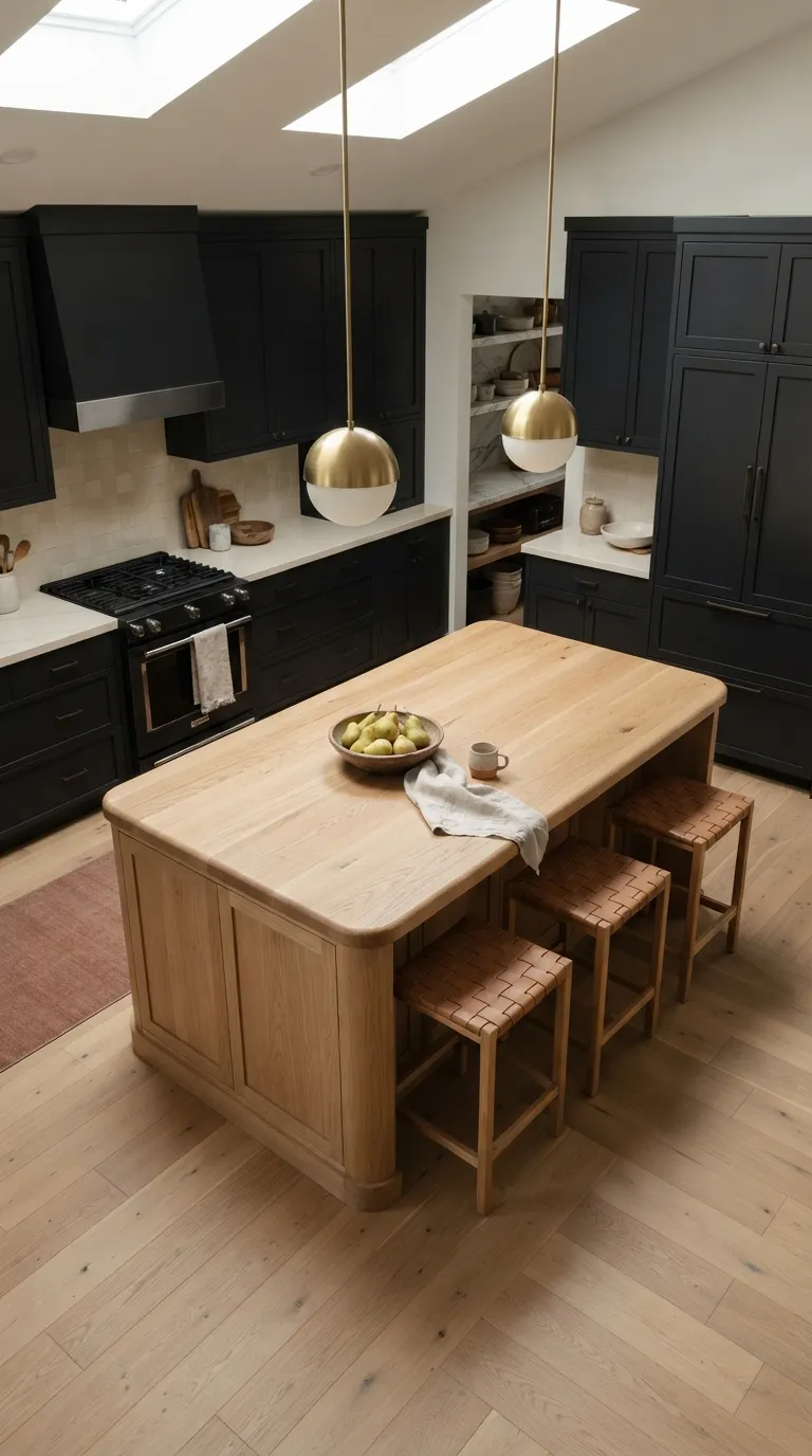 White Oak and Black Kitchen White Oak Island With Black Base Cabinets