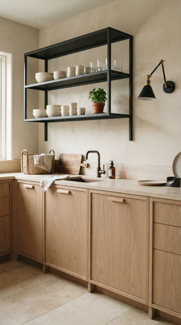 White Oak and Black Kitchen White Oak Kitchen With Black Steel Shelving