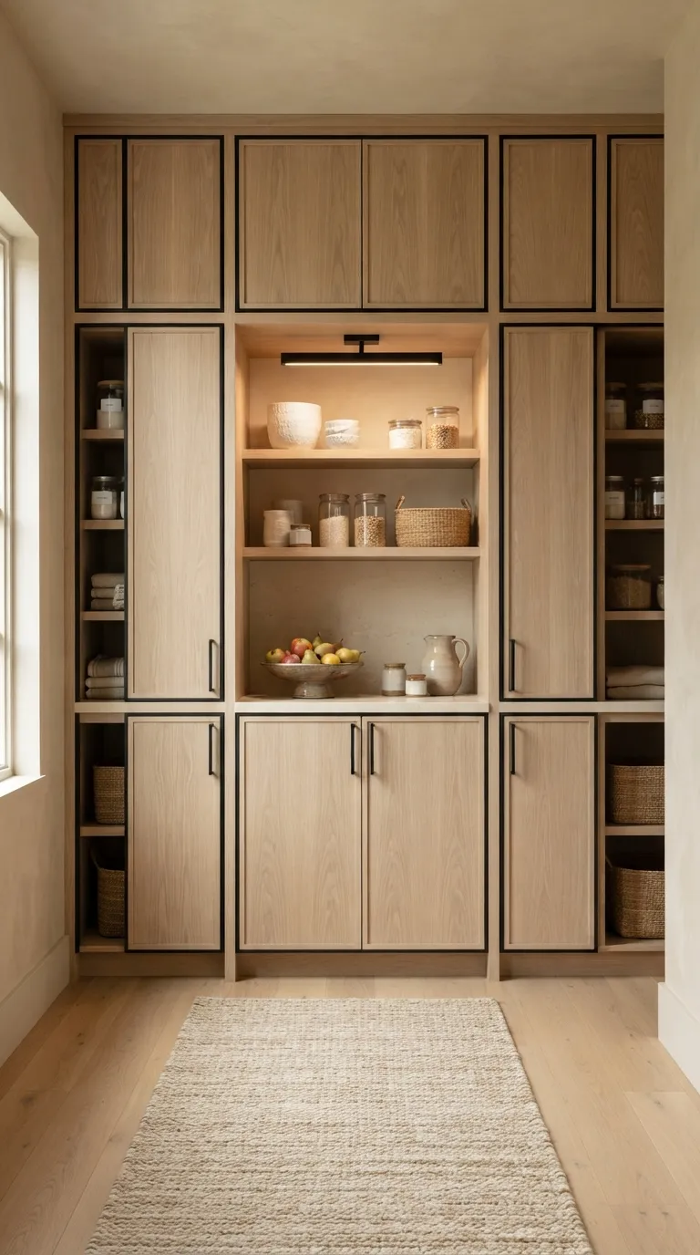 White Oak and Black Kitchen White Oak Pantry Wall With Black Trim