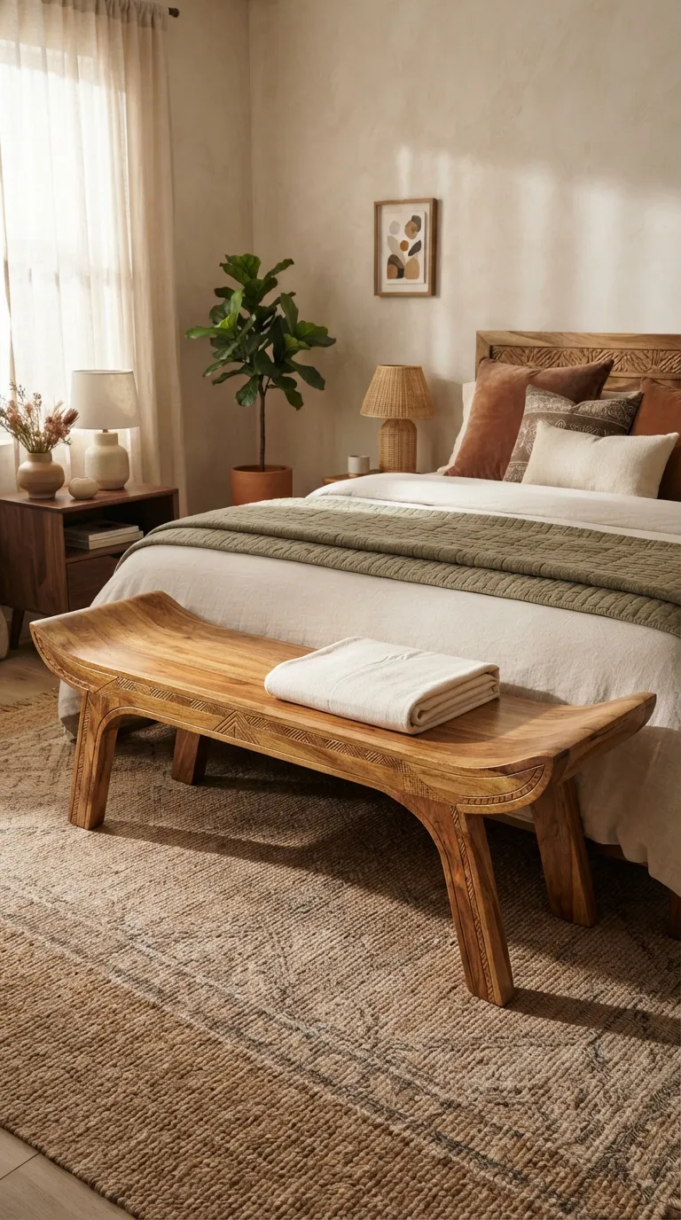 Afrohemian Bedroom Ideas Add a Carved Wooden Bench at the Foot of the Bed