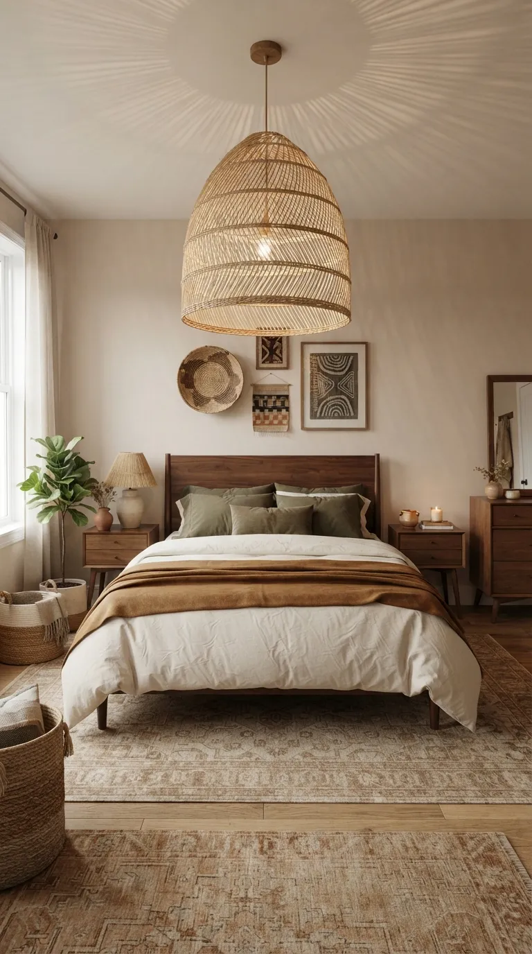 Afrohemian Bedroom Ideas Add a Statement Woven Pendant Light